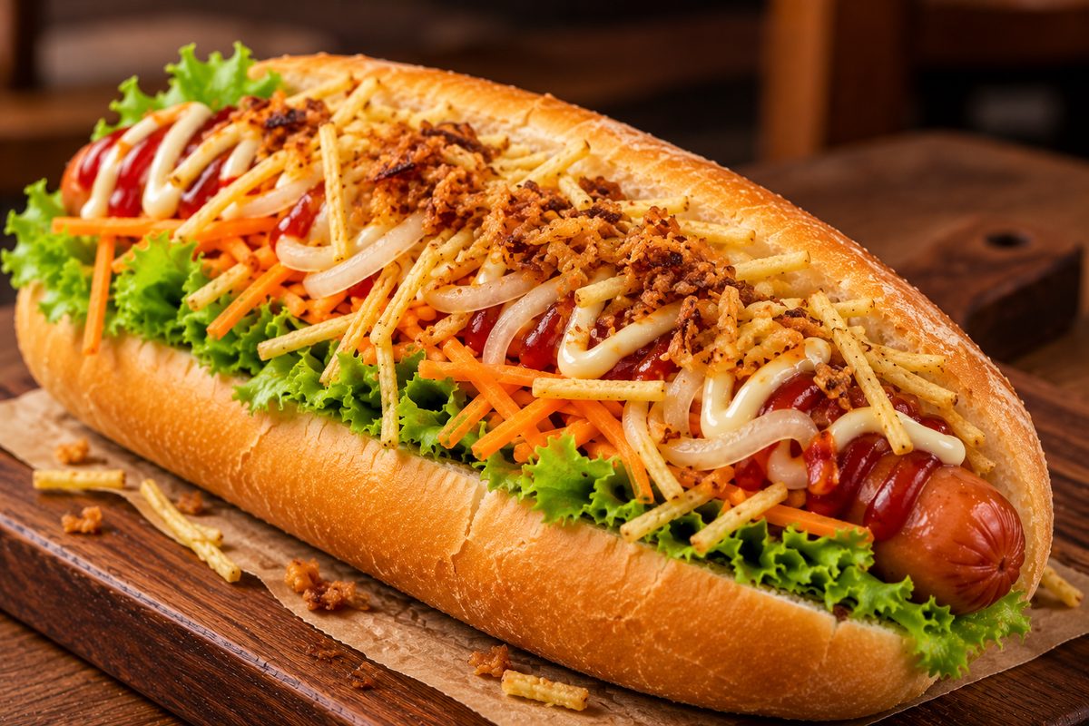 Cachorro-quente no pão com salsicha, batata palha, cenoura, alface, cebola e molhos, sobre uma tábua de madeira